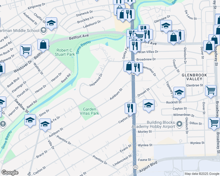 map of restaurants, bars, coffee shops, grocery stores, and more near 7462 Santa Fe Drive in Houston