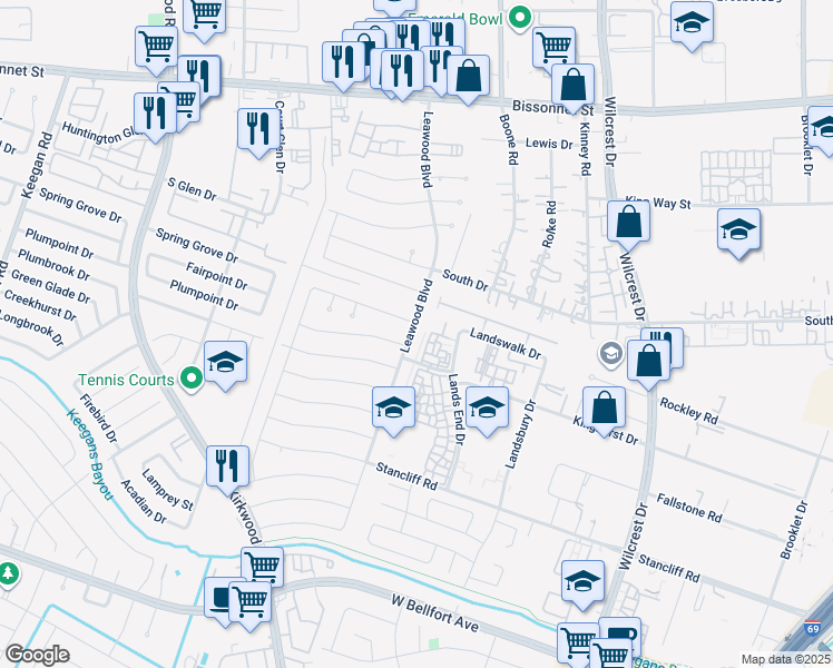 map of restaurants, bars, coffee shops, grocery stores, and more near 11411 Spring Grove Drive in Houston
