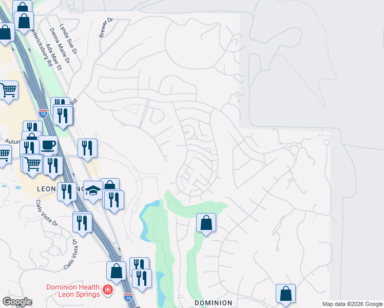 map of restaurants, bars, coffee shops, grocery stores, and more near 24 Grantham Glen in San Antonio