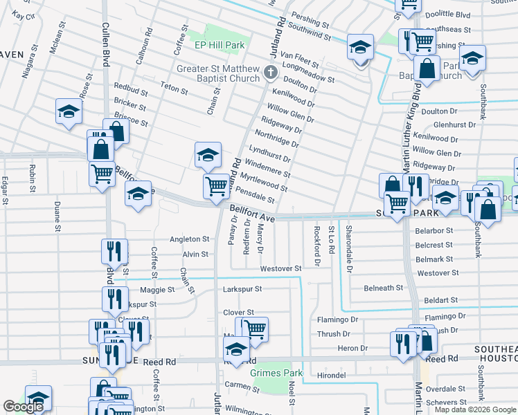map of restaurants, bars, coffee shops, grocery stores, and more near 5218 Pensdale Street in Houston