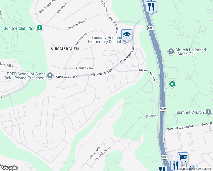 map of restaurants, bars, coffee shops, grocery stores, and more near 24232 Bear Mountain in San Antonio