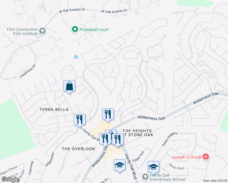 map of restaurants, bars, coffee shops, grocery stores, and more near 23338 Enchanted Fall in San Antonio