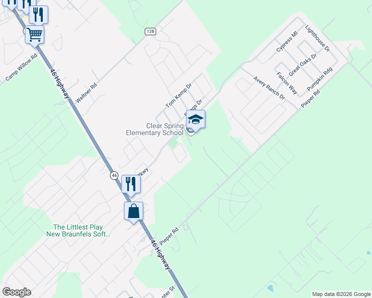 map of restaurants, bars, coffee shops, grocery stores, and more near 110 Roadrunner Avenue in New Braunfels