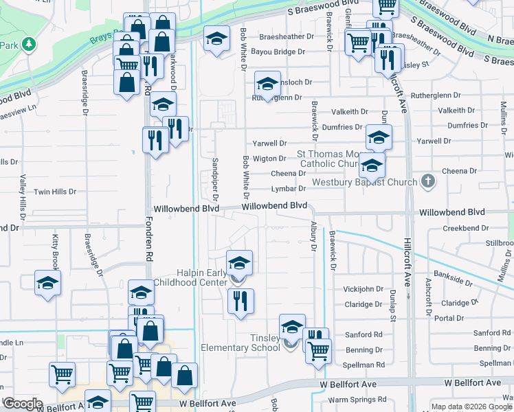 map of restaurants, bars, coffee shops, grocery stores, and more near 6166 Willowbend Boulevard in Houston