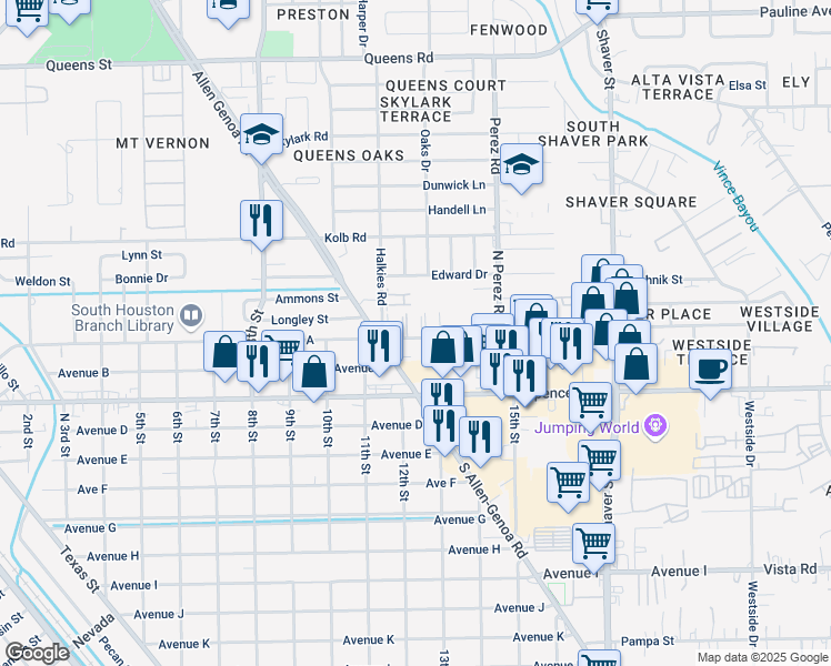 map of restaurants, bars, coffee shops, grocery stores, and more near 1303 Avenue A in South Houston