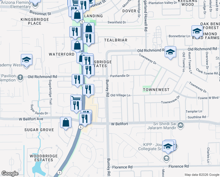 map of restaurants, bars, coffee shops, grocery stores, and more near 10203 Goldenview Park Lane in Sugar Land