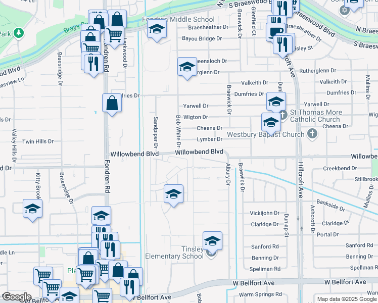 map of restaurants, bars, coffee shops, grocery stores, and more near 6122 Willowbend Boulevard in Houston