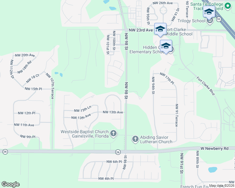 map of restaurants, bars, coffee shops, grocery stores, and more near 1433 Northwest 98 Terrace in Gainesville
