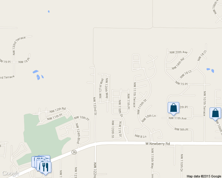 map of restaurants, bars, coffee shops, grocery stores, and more near 1484 Northwest 120th Terrace in Gainesville