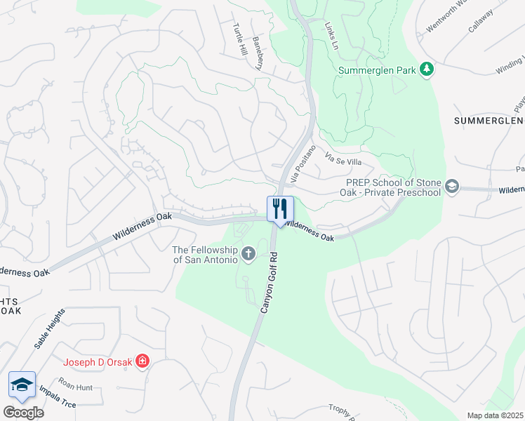 map of restaurants, bars, coffee shops, grocery stores, and more near 24245 Wilderness Oak in San Antonio