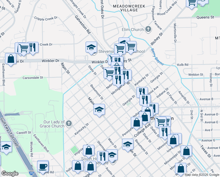map of restaurants, bars, coffee shops, grocery stores, and more near 610 Nebraska Street in South Houston