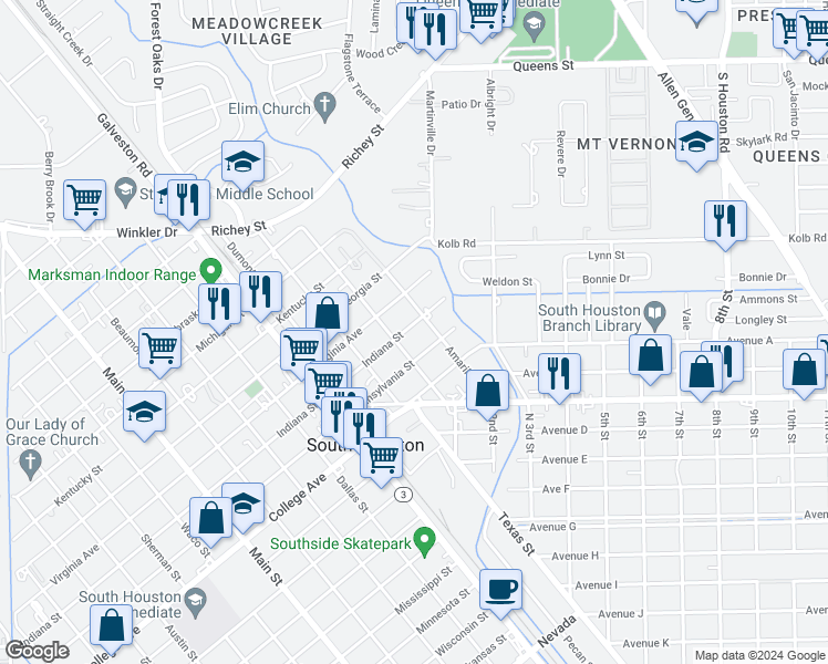 map of restaurants, bars, coffee shops, grocery stores, and more near 206 Indiana Street in South Houston