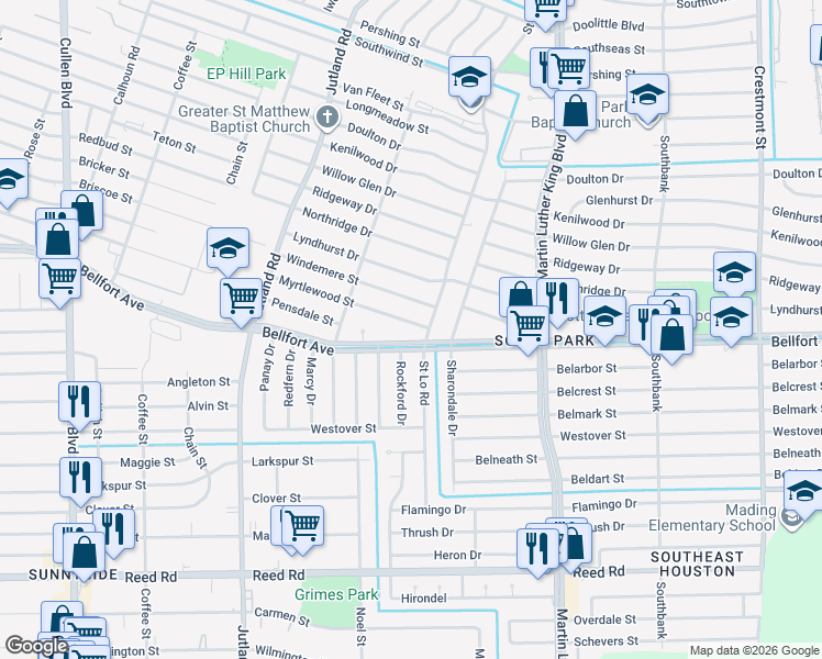 map of restaurants, bars, coffee shops, grocery stores, and more near 5406 Myrtlewood Street in Houston