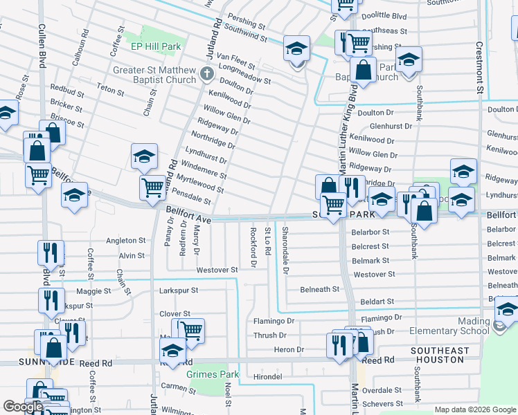 map of restaurants, bars, coffee shops, grocery stores, and more near 5406 Myrtlewood Street in Houston