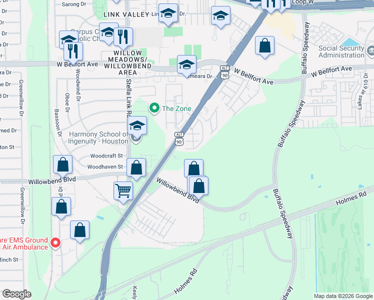 map of restaurants, bars, coffee shops, grocery stores, and more near 3423 Clearview Circle in Houston