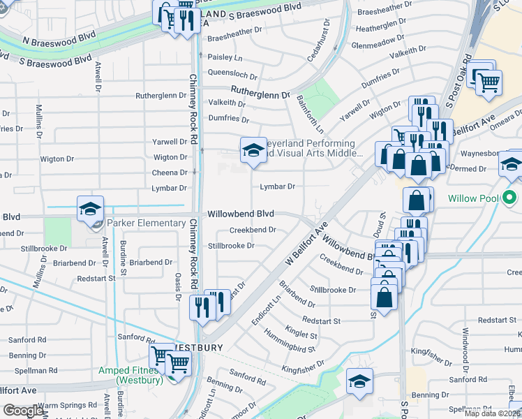 map of restaurants, bars, coffee shops, grocery stores, and more near 5242 Willowbend Boulevard in Houston