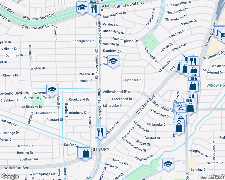 map of restaurants, bars, coffee shops, grocery stores, and more near 5330 Willowbend Boulevard in Houston