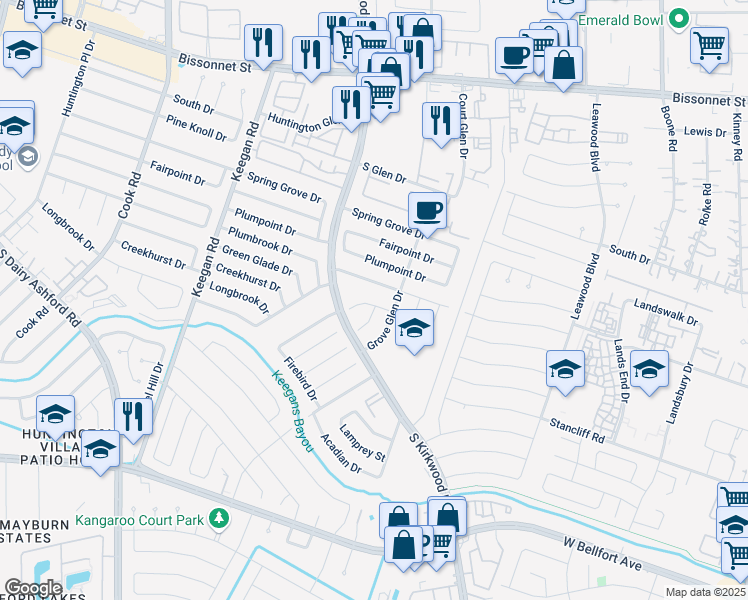 map of restaurants, bars, coffee shops, grocery stores, and more near 11834 Peach Grove Drive in Houston
