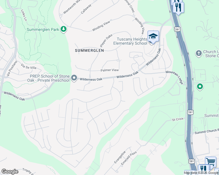 map of restaurants, bars, coffee shops, grocery stores, and more near 24136 Seven Winds in San Antonio