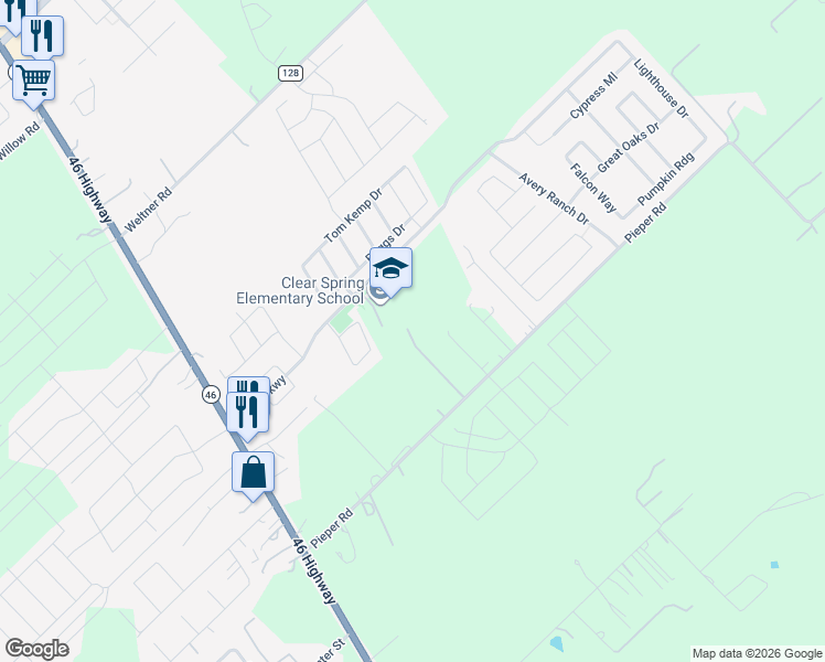map of restaurants, bars, coffee shops, grocery stores, and more near 2422 Ridge Rock in New Braunfels