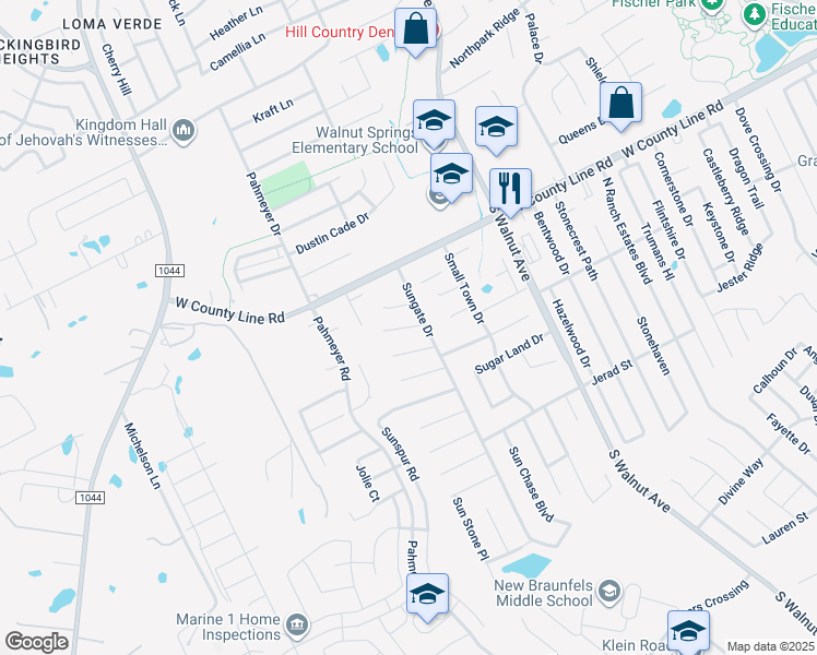 map of restaurants, bars, coffee shops, grocery stores, and more near 1638 Sunshine Peak in New Braunfels