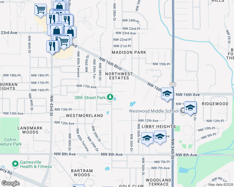 map of restaurants, bars, coffee shops, grocery stores, and more near 3741 Northwest 16th Place in Gainesville
