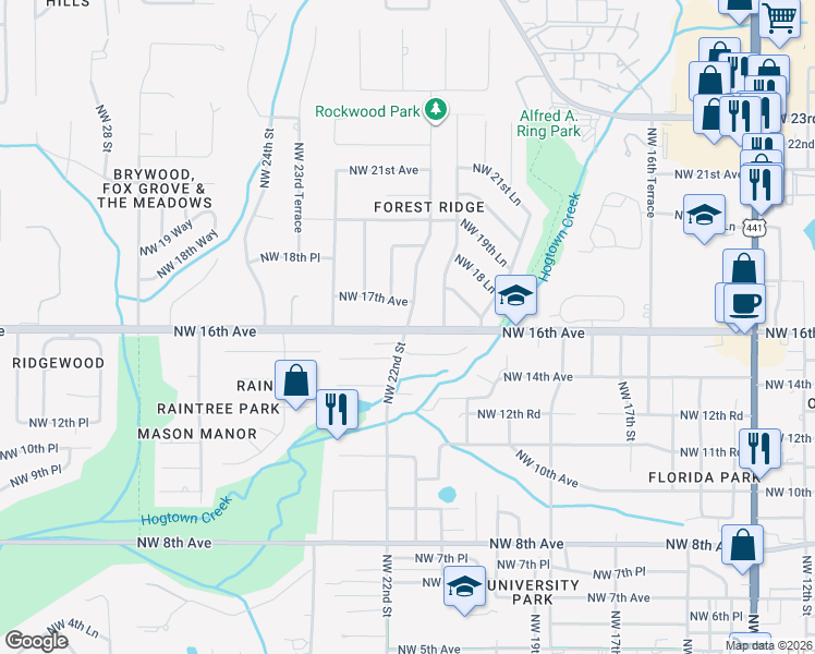 map of restaurants, bars, coffee shops, grocery stores, and more near 1600 Northwest 22nd Street in Gainesville