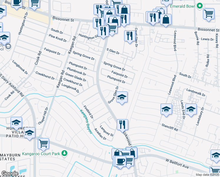 map of restaurants, bars, coffee shops, grocery stores, and more near 11834 Peach Grove Drive in Houston