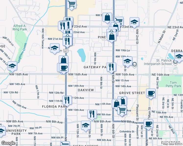 map of restaurants, bars, coffee shops, grocery stores, and more near 916 Northwest 16th Avenue in Gainesville