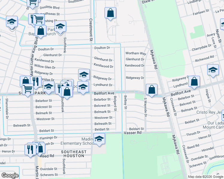 map of restaurants, bars, coffee shops, grocery stores, and more near 7743 Belgard Street in Houston