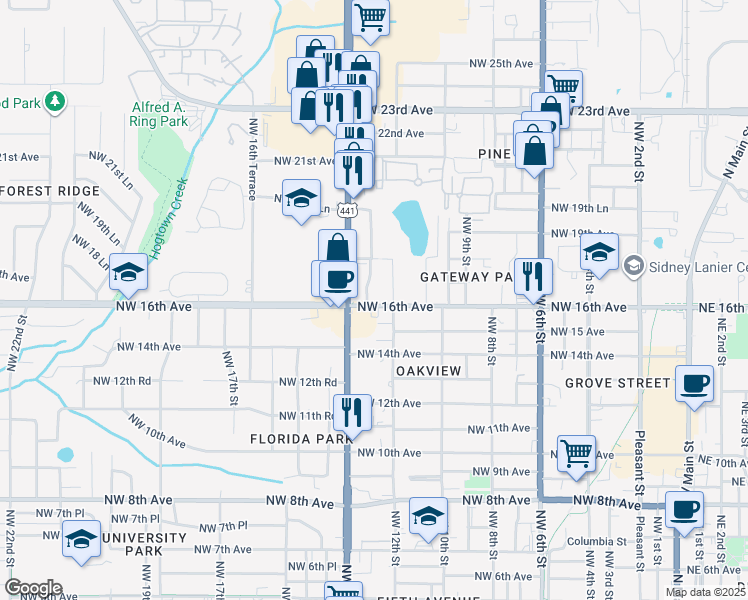 map of restaurants, bars, coffee shops, grocery stores, and more near 1222 Northwest 16th Avenue in Gainesville