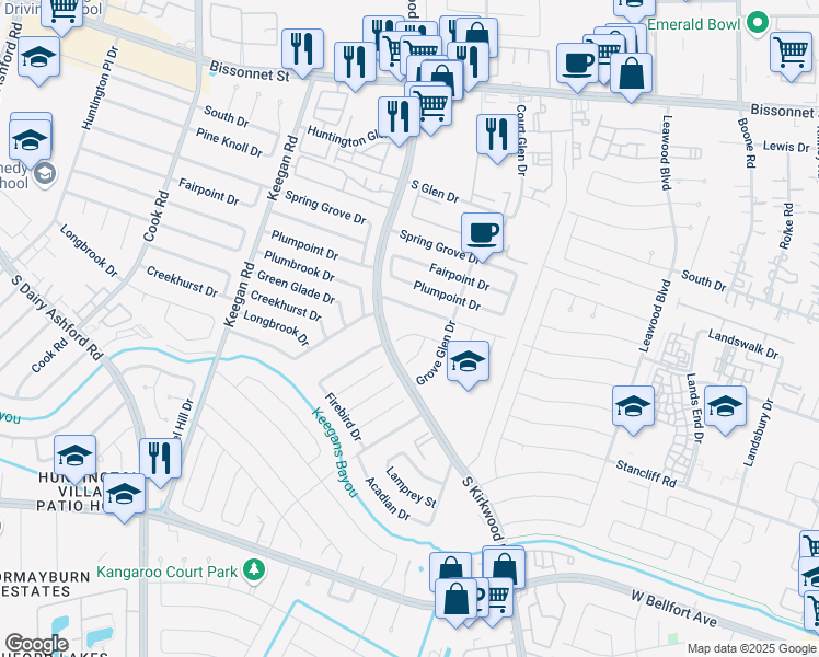 map of restaurants, bars, coffee shops, grocery stores, and more near 11834 Peach Grove Drive in Houston