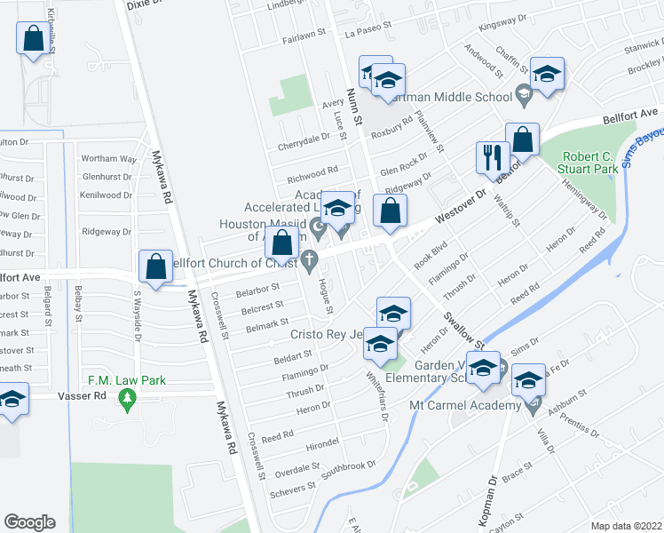 map of restaurants, bars, coffee shops, grocery stores, and more near 6604 Ledbetter St in Houston