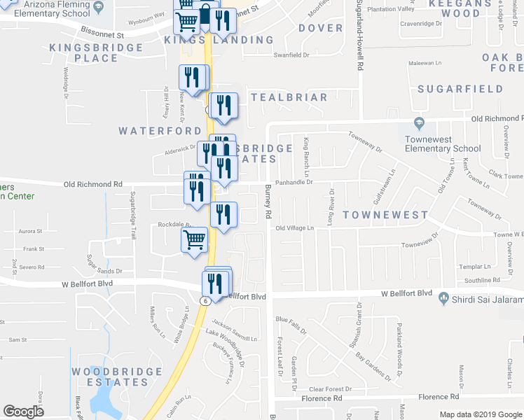 map of restaurants, bars, coffee shops, grocery stores, and more near 10203 Goldenview Park Lane in Sugar Land