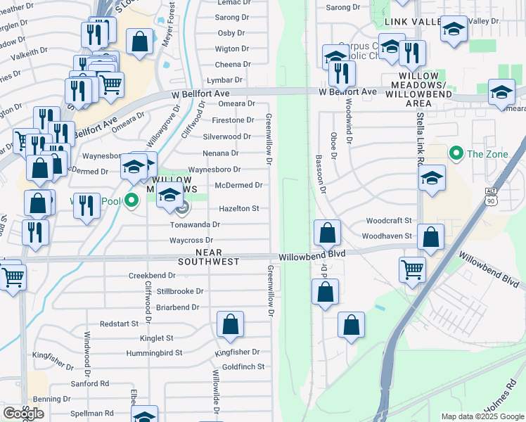 map of restaurants, bars, coffee shops, grocery stores, and more near 4303 Hazelton Street in Houston