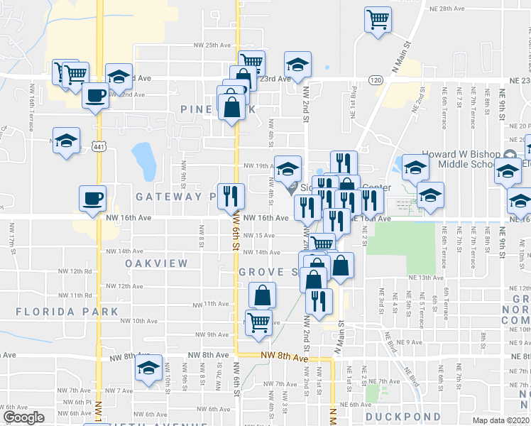 map of restaurants, bars, coffee shops, grocery stores, and more near 412 Northwest 16th Avenue in Gainesville