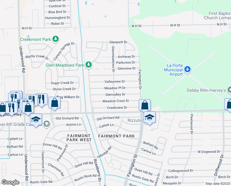 map of restaurants, bars, coffee shops, grocery stores, and more near 5034 Glenvalley Drive in La Porte