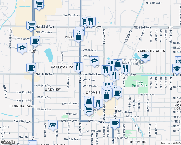 map of restaurants, bars, coffee shops, grocery stores, and more near 412 Northwest 16th Avenue in Gainesville