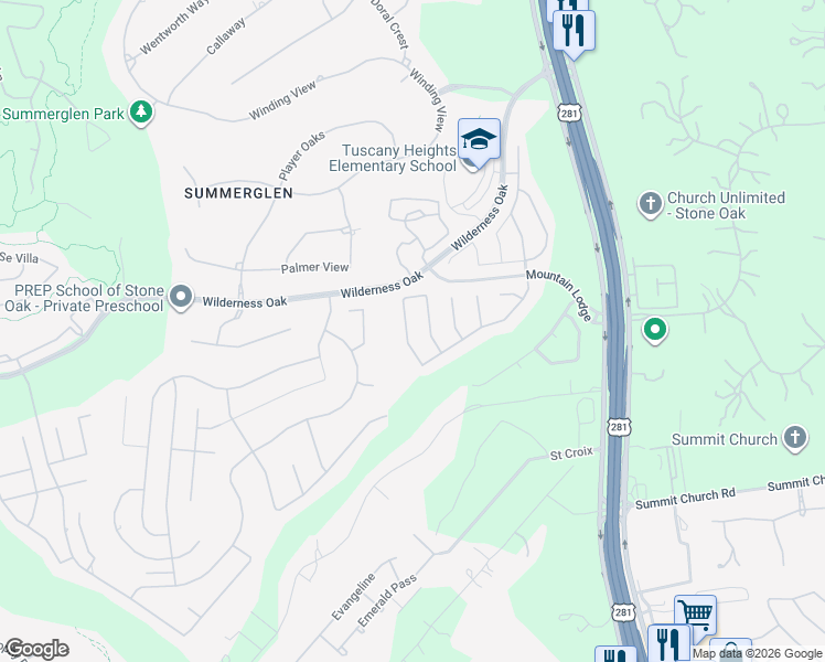 map of restaurants, bars, coffee shops, grocery stores, and more near 24232 Bear Mountain in San Antonio