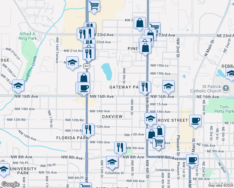 map of restaurants, bars, coffee shops, grocery stores, and more near 928 Northwest 16th Avenue in Gainesville