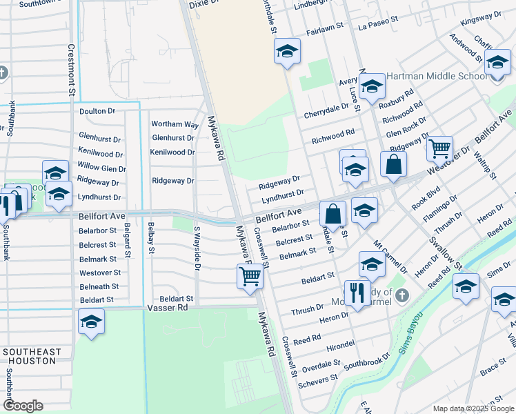 map of restaurants, bars, coffee shops, grocery stores, and more near 6202 Lyndhurst Drive in Houston