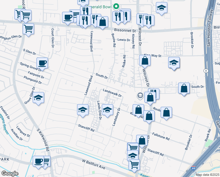 map of restaurants, bars, coffee shops, grocery stores, and more near 11014 Panther Court in Houston