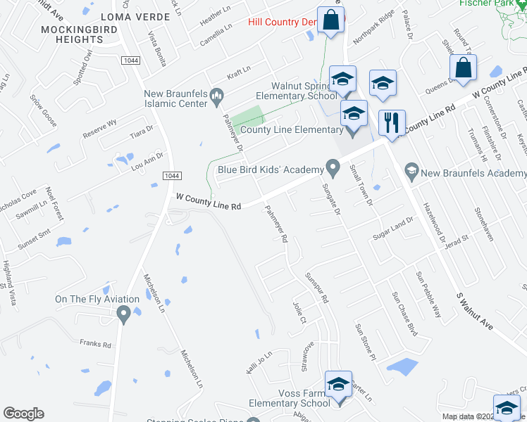 map of restaurants, bars, coffee shops, grocery stores, and more near 1716 Pahmeyer Path in New Braunfels