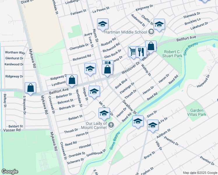 map of restaurants, bars, coffee shops, grocery stores, and more near 6850 Westover Street in Houston