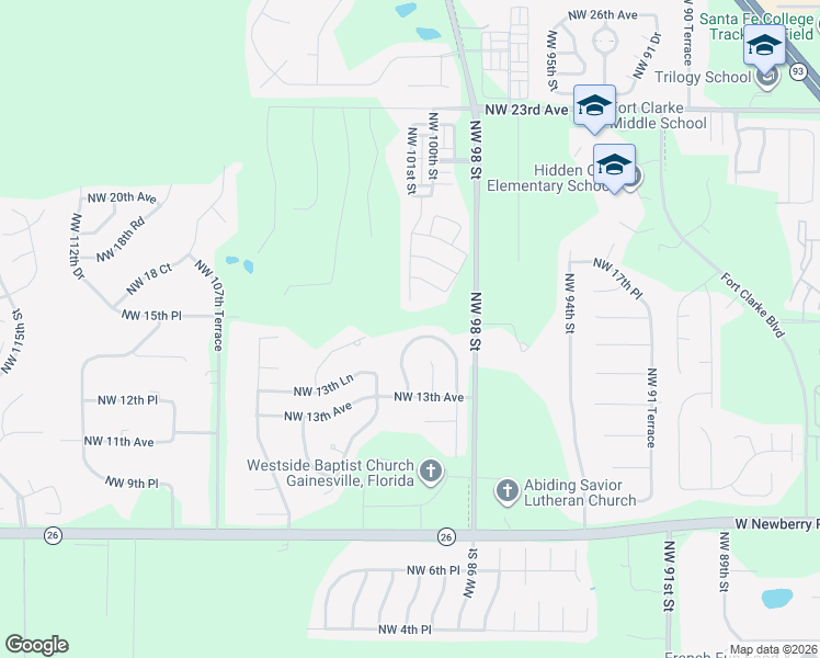 map of restaurants, bars, coffee shops, grocery stores, and more near 1430 Northwest 100th Terrace in Gainesville