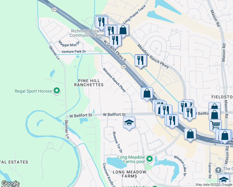 map of restaurants, bars, coffee shops, grocery stores, and more near 21122 White River Court in Richmond