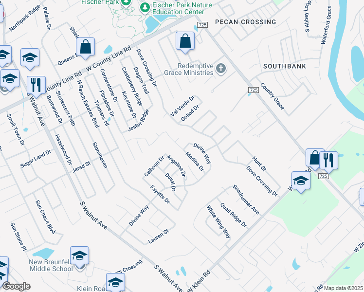 map of restaurants, bars, coffee shops, grocery stores, and more near 222 Burleson Drive in New Braunfels