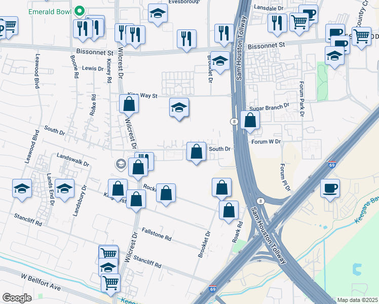 map of restaurants, bars, coffee shops, grocery stores, and more near 10 South Drive in Houston