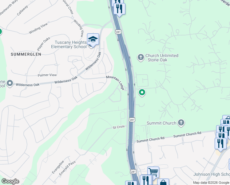 map of restaurants, bars, coffee shops, grocery stores, and more near 24214 Mountain Blue in San Antonio