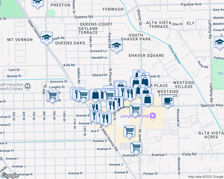 map of restaurants, bars, coffee shops, grocery stores, and more near 103 North Perez Road in South Houston
